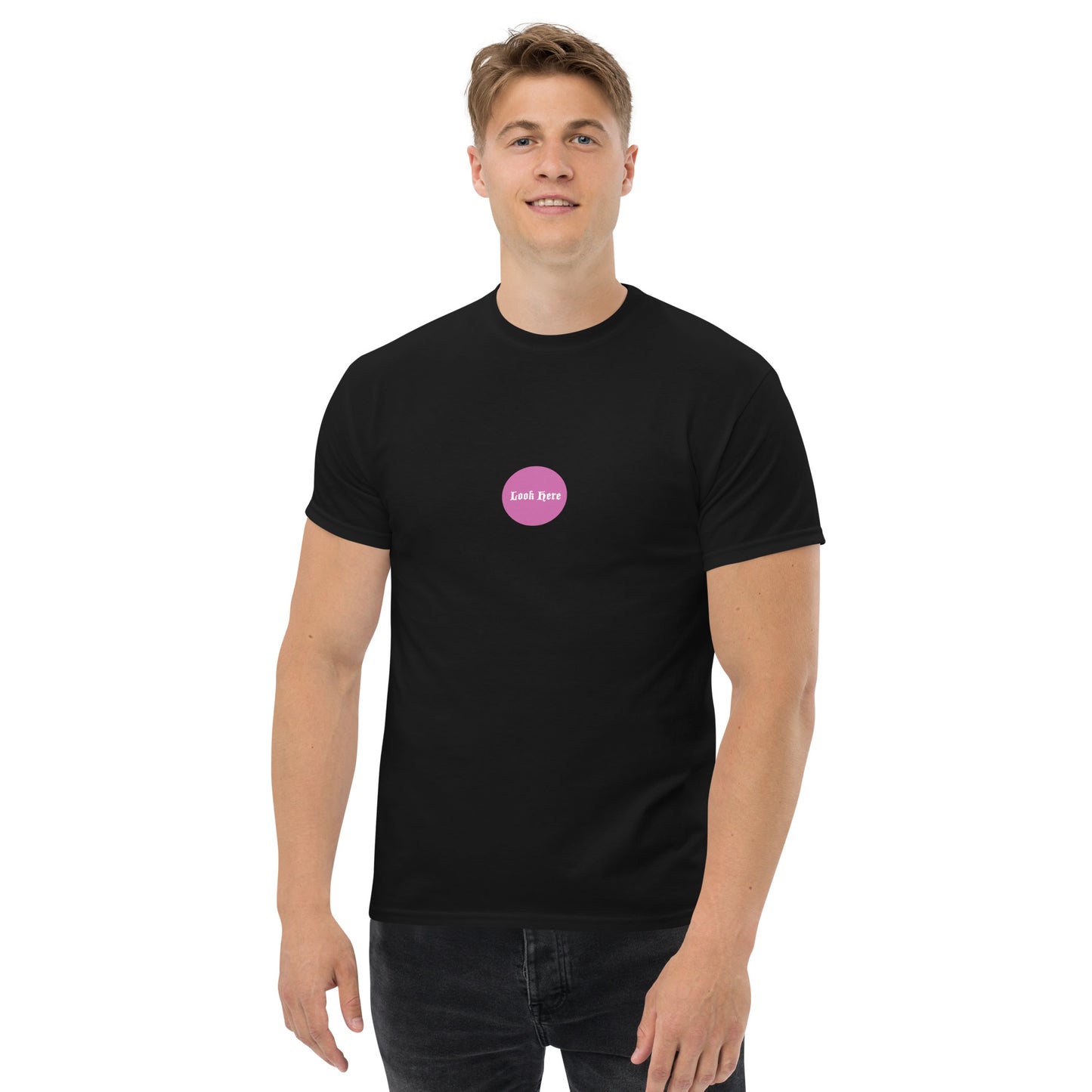 LOOK HERE PINKY. Men graphic black tee 105